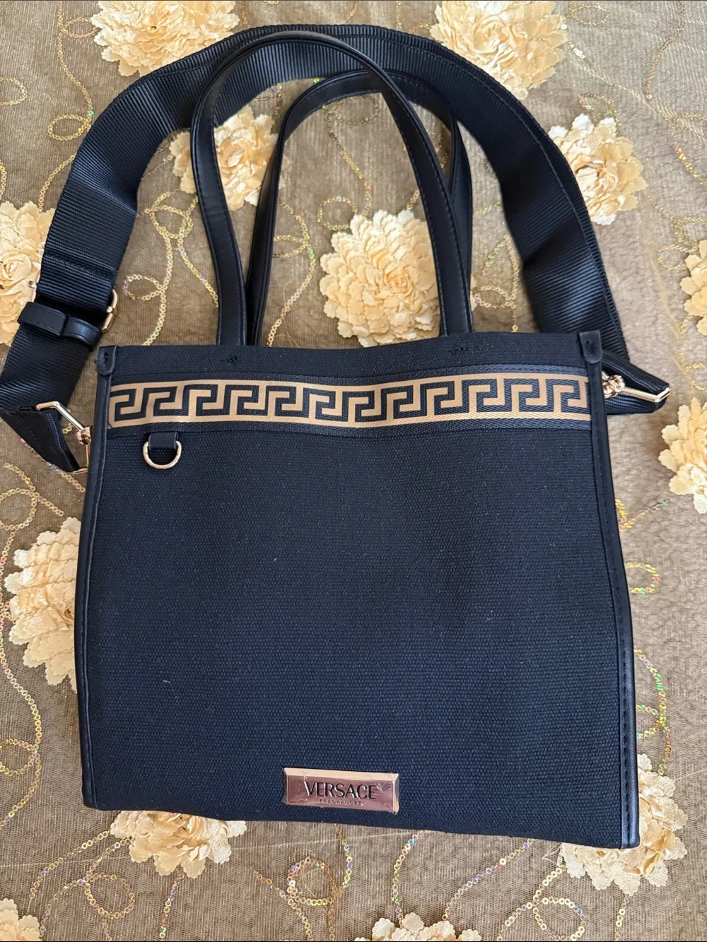 Versace Black and Gold Canvas Shoulder Tote
